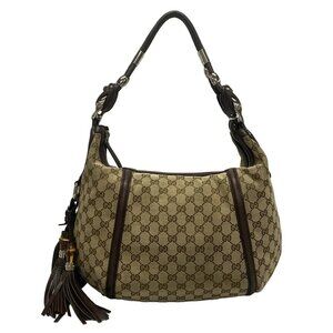 Auth GUCCI GG 240261 Beige Dark Brown Jacquard Leather Shoulder Bag